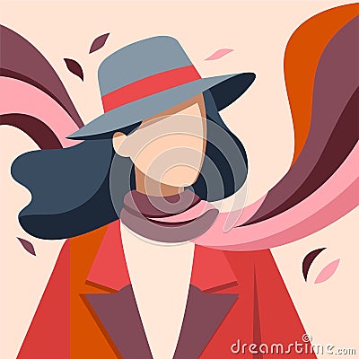 Vector illustration of a girl wearing a wide-brimmed hat, scarf and coat Vector Illustration