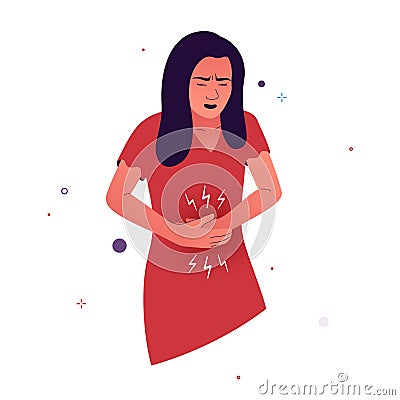 Vector illustration of a girl who is experiencing pain in her stomach. The girl has abdominal cramps, which makes her feel bad. Vector Illustration