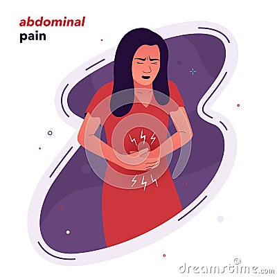vector illustration of a girl who is experiencing pain in her stomach. The girl has a stomach ache. Symptoms of poisoning, Vector Illustration