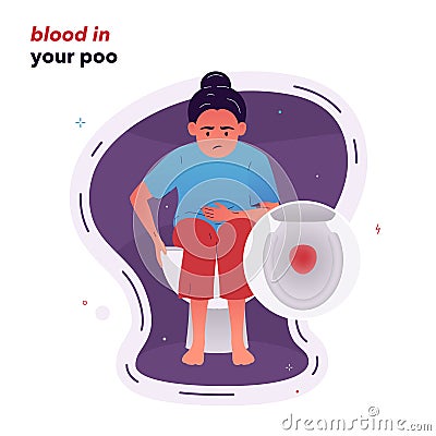 Vector illustration of a girl who sits on the toilet, holding her hand to her stomach. Blood in poo. Symptoms of Vector Illustration