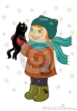 Vector illustration of a girl in winter clothes holding a black cat. Rejoice, laugh, snowflakes fall. Holiday card, happy new year Vector Illustration