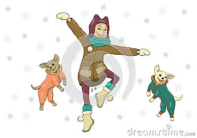 Vector illustration of a girl in winter clothes walking with dogs in overalls. Jump, dance, rejoice, laugh, fashionably dressed. H Vector Illustration