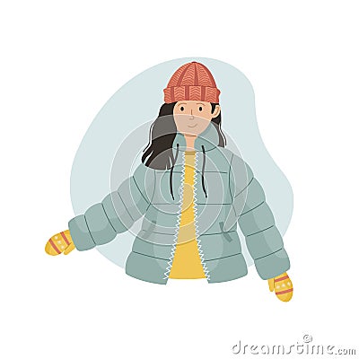 Vector illustration of a girl in a winter sintepon jacket and a knitted hat. Winter clothin Vector Illustration