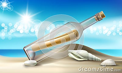 Vector illustration of a glass bottle with a message lying on a sandy beach with seashells and pebbles. Vector Illustration