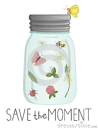 Vector illustration of glass jar with insects and flowers inside Vector Illustration