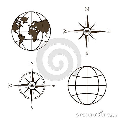 Vector illustration of globe, wind rose, compass. Vector Illustration