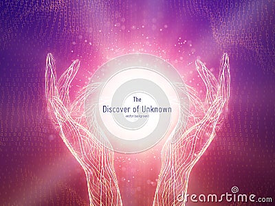 Vector illustration of glowing sphere in two hands. Concept of discovery of unknown, shining knowledge. Digital cyber Vector Illustration