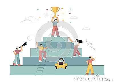 Vector illustration. Goal. Victory. Achievement of the goal. Little people move up the career steps. Vector Illustration