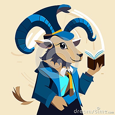 Vector illustration of a goat in a blue suit reading a book. AI Generated Vector Illustration