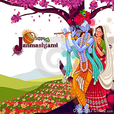 God Krishna playing flute with Radha on Happy Janmashtami festival background of India Vector Illustration