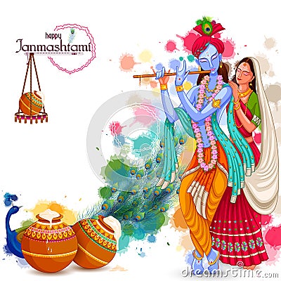 God Krishna playing flute with Radha on Happy Janmashtami festival background of India Vector Illustration