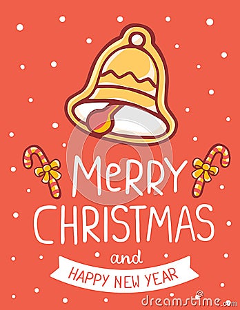 Vector illustration of golden color christmas bell with cane, ha Vector Illustration