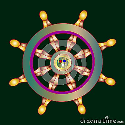 Vector illustration golden Dharma wheel. Buddhism symbol. Dharmachakra. Vector Illustration