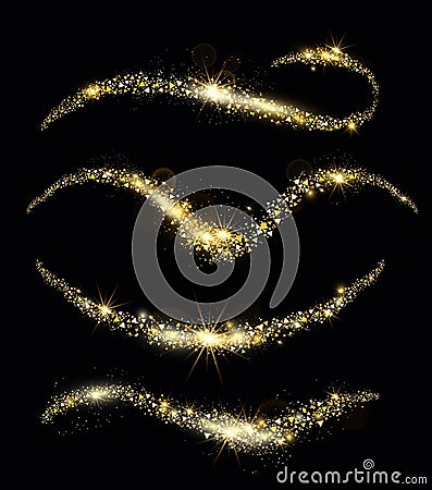 Vector illustration of golden sparkles, sparkling confetti waves, golden sand, glittering star dust trail. Golden fairy Vector Illustration