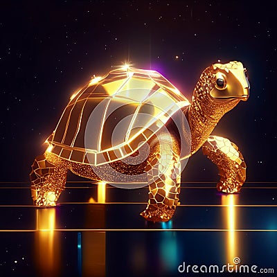 Vector illustration of a golden turtle in neon light. 3d rendering AI generated Cartoon Illustration