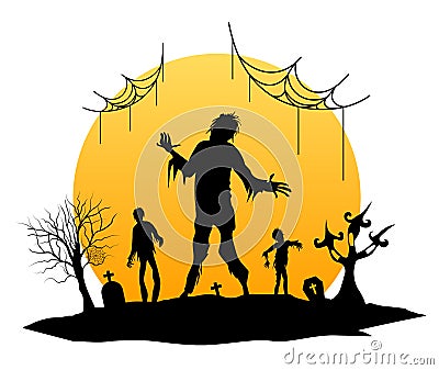 Silhouette zombies with moon light. Vector Illustration