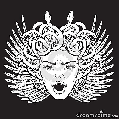 Vector illustration of gorgon with snakes and open mouth Vector Illustration