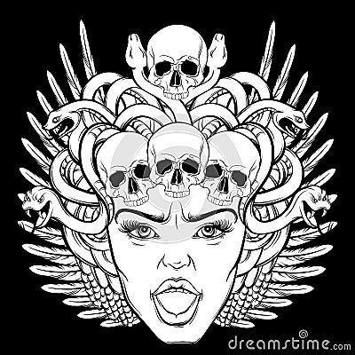 Vector illustration of gorgon with snakes and open mouth Vector Illustration