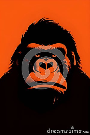 Black silhouette of a gorilla on orange background Vector Illustration