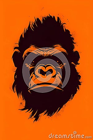 Black silhouette of a gorilla on orange background Vector Illustration