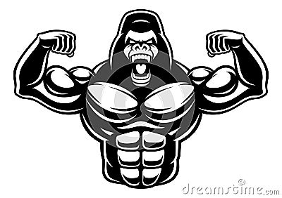 Black and white illustration of gorilla bodybuilder. Vector Illustration