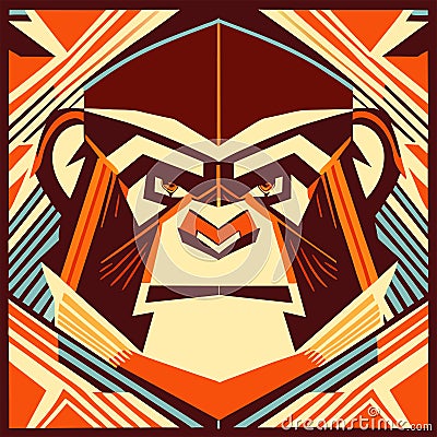 Vector illustration of a gorilla head in a geometric style on the background of colored stripes Generative AI Vector Illustration