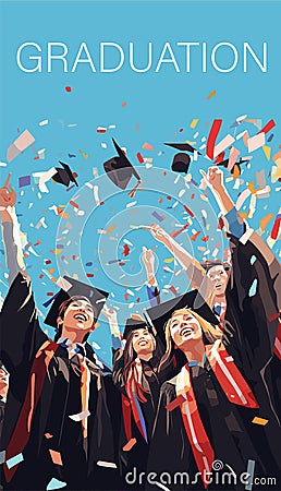 Vector illustration of graduating students, posterized style, flat colors. Vector Illustration