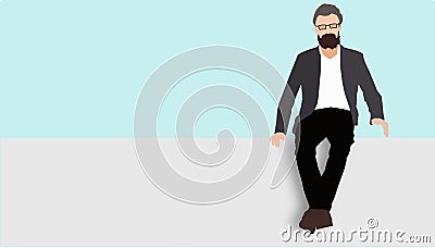 Vector illustration graphic of a young man with beard sitting on wall. Concept outdoor workplace, student or businessman Cartoon Illustration