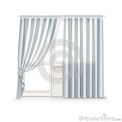 Vector illustration of gray curtains hang on window and balcony door on background Vector Illustration