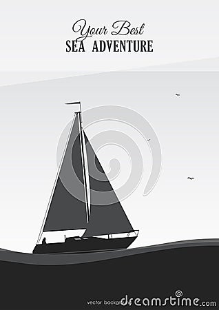 Vector illustration: Grayscale marine background with Silhouette of yacht. Vector Illustration