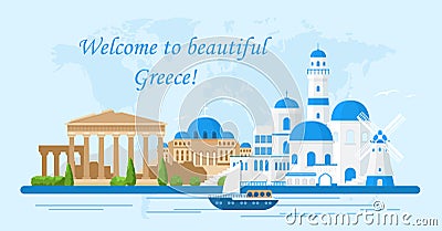 Vector illustration of Greece travel concept.Welcome to Greece. Santorini buildings, Acropolis and temple icons. Tourism Vector Illustration