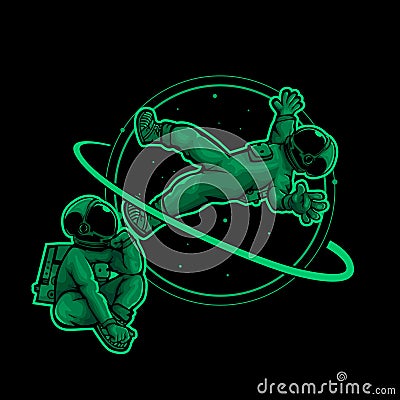 Vector illustration of green astronaut hovering in space Cartoon Illustration