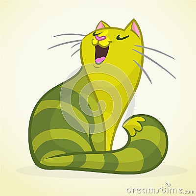 Vector illustration of a green and fat singing cat. Fat striped cat cartoon Vector Illustration