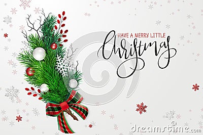 Vector illustration of greeting banner template with hand lettering label - merry Christmas - with realistic fir-tree Vector Illustration