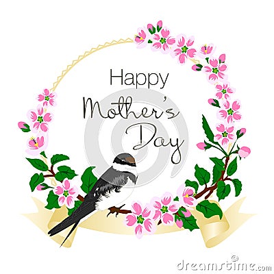 Vector illustration of greeting card for Mother`s Day decorated with swallow and pink blossom. Cartoon Illustration