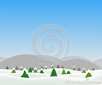 Vector illustration greeting card of mountain, pine trees and snowfall. Design for Christmas and New Year. Winter theme Cartoon Illustration