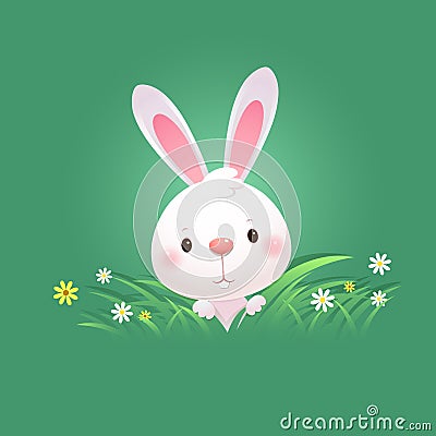 Greeting card with white Easter Bunny. Cute rabbit hiding in green grass Vector Illustration