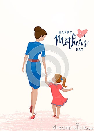 Vector illustration of greeting mother day. Mom holds her daughter by the hand Vector Illustration