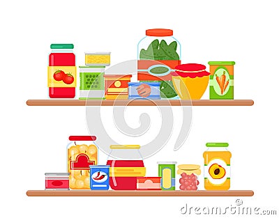 Vector illustration of grocery store shelves full of colorful and bright groceries in flat style. Vector Illustration