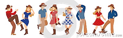 Vector illustration of a group of cowboys and cowgirls in western country dancing a line of dance. Couples man and woman dancing a Vector Illustration