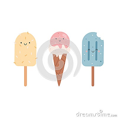 Vector illustration of group of cute ice cream characters, mascots Vector Illustration
