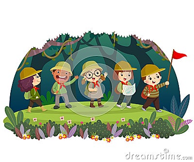 Group of kid travelers with backpack hiking in the forest. Children have summer outdoor adventure Vector Illustration