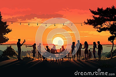 Vector illustration of a group of people having a picnic on a lake at sunset, A group of people at a barbecue at sunset, Summer Cartoon Illustration