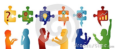 Colored profile people gesturing. Puzzle pieces with problem solving symbols. Business solution. Concept problem solving team. Str Stock Photo