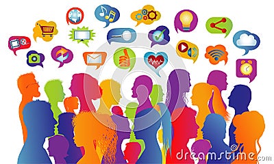 Connecting group of multiethnic people who socialize communicate and share information. Communication and sharing. Crowd that spea Stock Photo