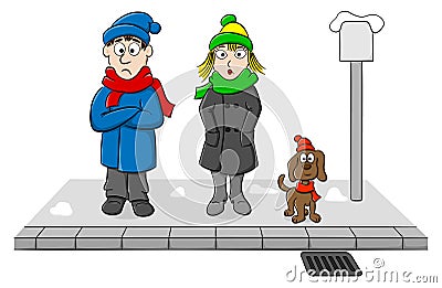 Group of people waiting and shivering at a stop in winter Vector Illustration