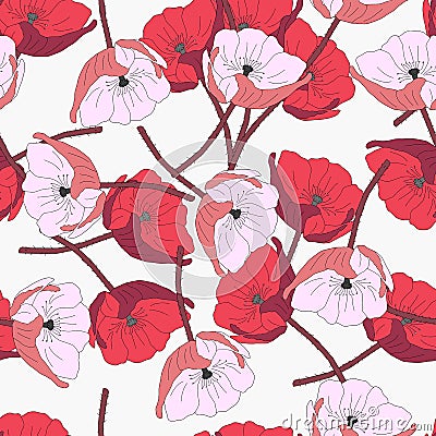 Vector illustration of a group of pink poppy flowers isolated on a white background. Seamless pattern Vector Illustration