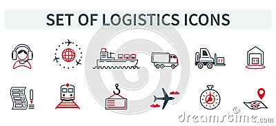 Vector illustration of a group, a set of icons, miniature infographics in one style, logistics, product delivery, payment, order. Vector Illustration