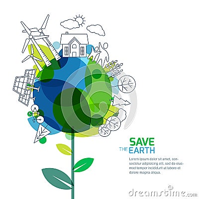 Vector illustration of growing plant and earth with outline trees, house, people and alternative energy generators. Vector Illustration