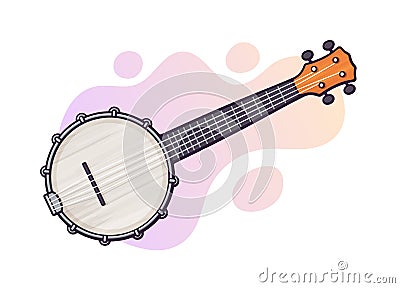 Vector illustration. Guitar for country music banjo. String plucked musical instrument. Blues, country, folk or jazz equipment. Vector Illustration